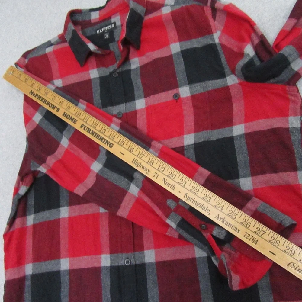 Express Mens Button Up Shirt 2XL Red Black Plaid Long Sleeve‎ Cotton